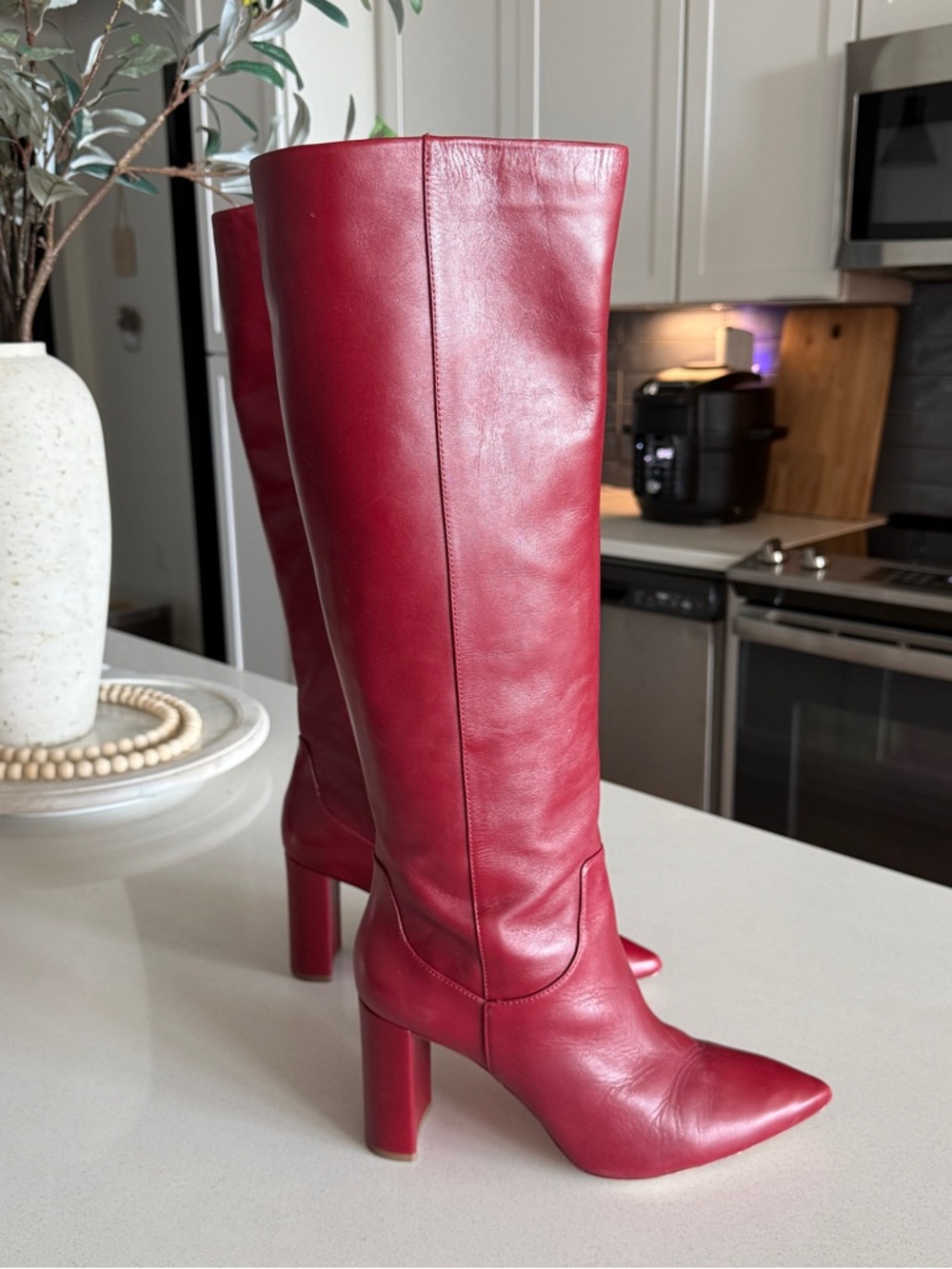 ANTONIO MELANI Red Leather Knee-High Block Heel Boots - Picture 2 of 7